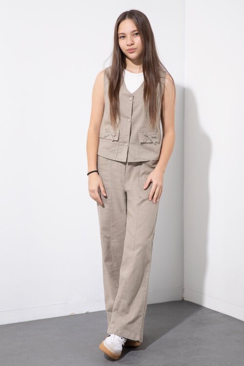 Bej Cepli Keten Yelekli Yüksek Bel Pantolonlu Kız Çocuk Alt Üst Takım  23546