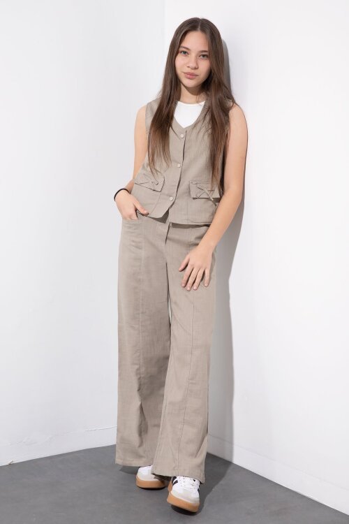 Bej Cepli Keten Yelekli Yüksek Bel Pantolonlu Kız Çocuk Alt Üst Takım  23546