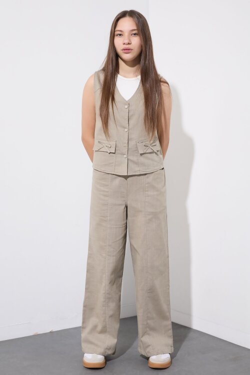 Bej Cepli Keten Yelekli Yüksek Bel Pantolonlu Kız Çocuk Alt Üst Takım  23546