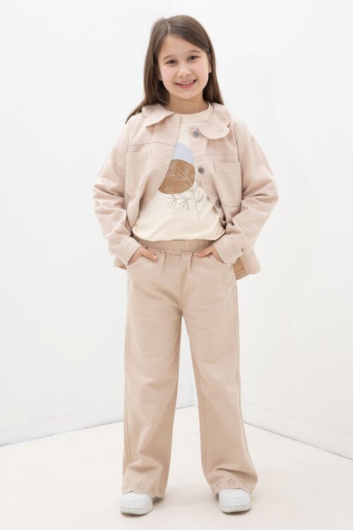 Bej Çiçek Yaka Detaylı Ceketli Kız Çocuk Pantolonlu 3lü Takım 23632