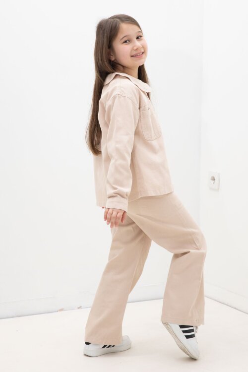 Bej Çiçek Yaka Detaylı Ceketli Kız Çocuk Pantolonlu 3lü Takım 23632