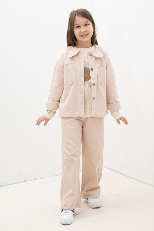 Bej Çiçek Yaka Detaylı Ceketli Kız Çocuk Pantolonlu 3lü Takım 23632