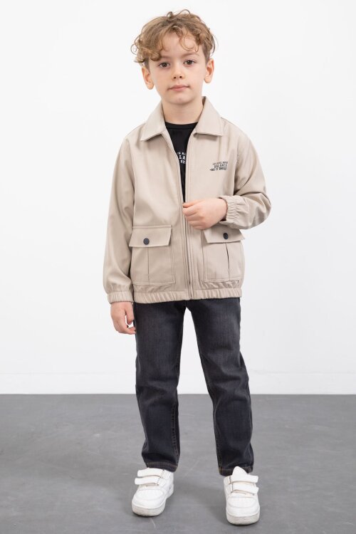 Bej Çıtçıt Cepli Ceketli Jean Pantolonlu Erkek Çocuk 3lü Takım 23386