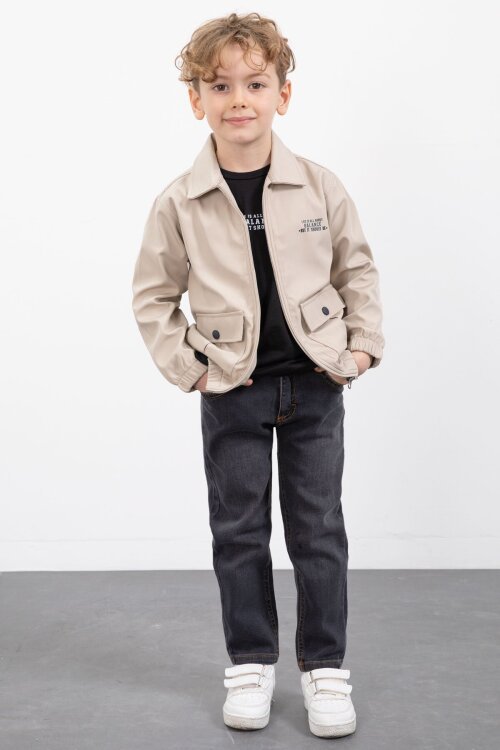 Bej Çıtçıt Cepli Ceketli Jean Pantolonlu Erkek Çocuk 3lü Takım 23386