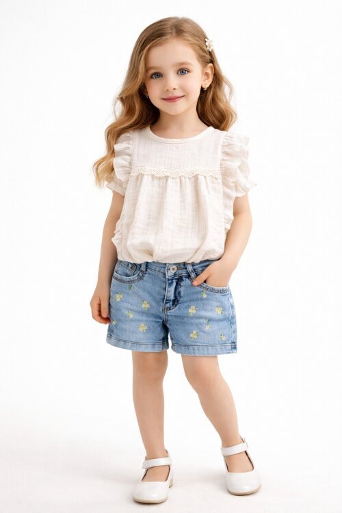 Bej Dantel Detaylı Bluzlu Jean Şortlu Kız Çocuk 2li Takım 22663