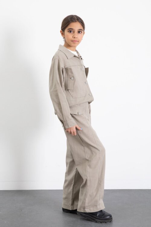 Bej Düğme Detaylı Keten Gömlekli Pantolonlu Kız Çocuk 2li Takım 23518