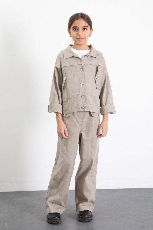 Bej Düğme Detaylı Keten Gömlekli Pantolonlu Kız Çocuk 2li Takım 23518