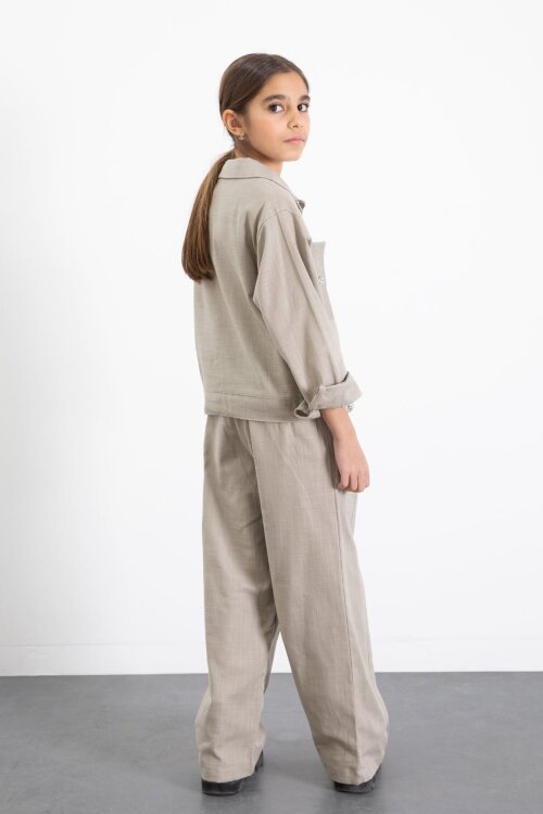 Bej Düğme Detaylı Keten Gömlekli Pantolonlu Kız Çocuk 2li Takım 23518