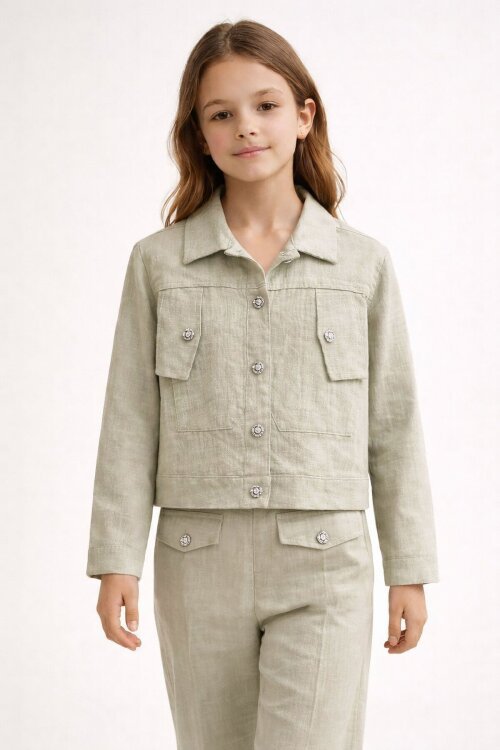 Bej Düğme Detaylı Keten Gömlekli Pantolonlu Kız Çocuk 2li Takım 23518