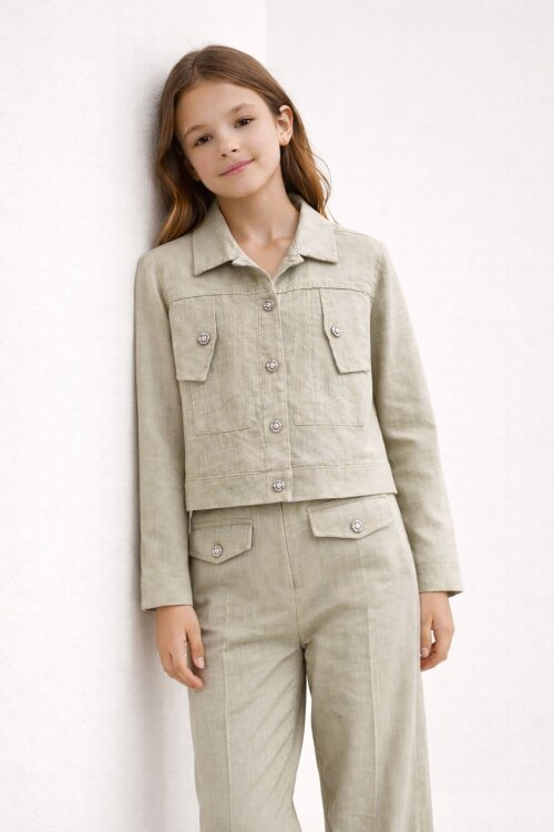 Bej Düğme Detaylı Keten Gömlekli Pantolonlu Kız Çocuk 2li Takım 23518