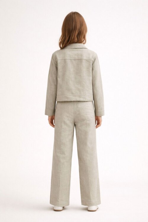 Bej Düğme Detaylı Keten Gömlekli Pantolonlu Kız Çocuk 2li Takım 23518