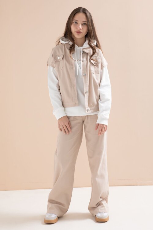 Bej Düğmeli Sıfır Kol Yelekli Geniş Paça Pantolonlu Kız Çocuk Kapüşonlu 3lü Takım 23604