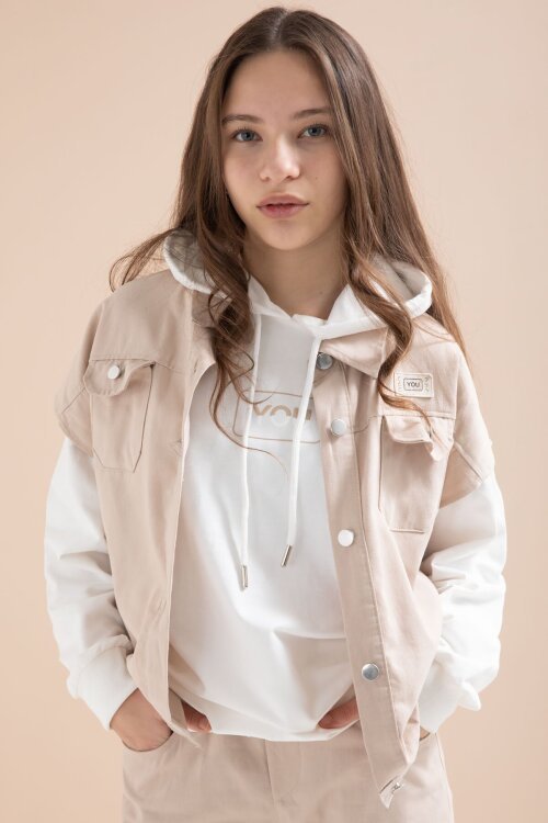 Bej Düğmeli Sıfır Kol Yelekli Geniş Paça Pantolonlu Kız Çocuk Kapüşonlu 3lü Takım 23604