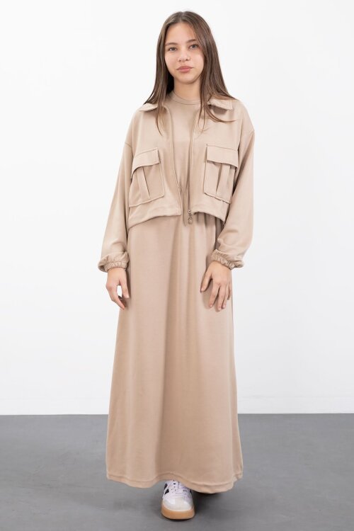 Bej Fermuarlı Crop Ceketli Sıfır Kol Kız Çocuk Elbise Takımı  23411