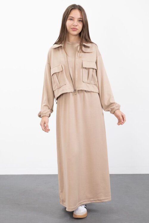 Bej Fermuarlı Crop Ceketli Sıfır Kol Kız Çocuk Elbise Takımı  23411