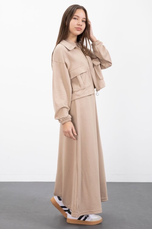 Bej Fermuarlı Crop Ceketli Sıfır Kol Kız Çocuk Elbise Takımı  23411