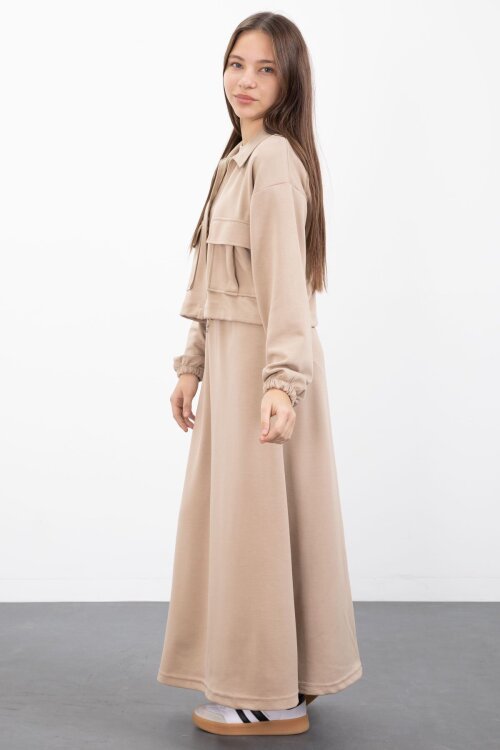 Bej Fermuarlı Crop Ceketli Sıfır Kol Kız Çocuk Elbise Takımı  23411