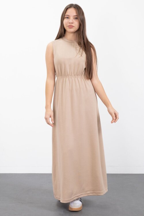 Bej Fermuarlı Crop Ceketli Sıfır Kol Kız Çocuk Elbise Takımı  23411