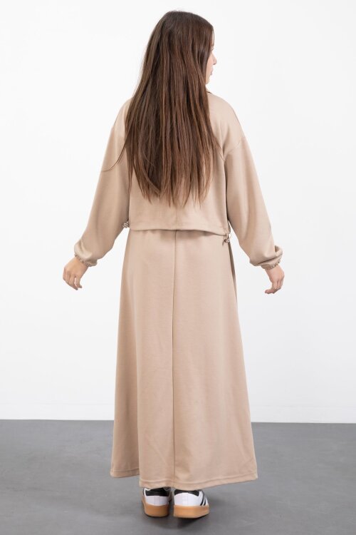 Bej Fermuarlı Crop Ceketli Sıfır Kol Kız Çocuk Elbise Takımı  23411