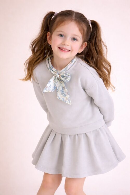 Bej Fular Detaylı Badili Etekli Kız Çocuk 2li Takım  23543