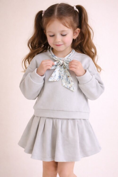 Bej Fular Detaylı Badili Etekli Kız Çocuk 2li Takım  23543