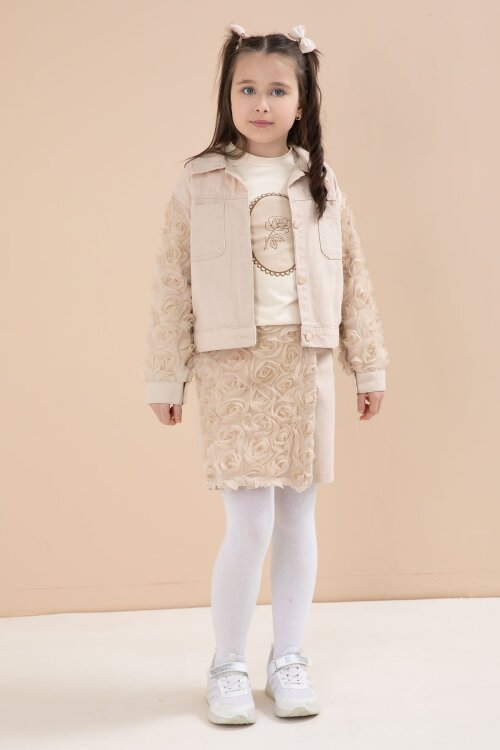 Bej Gül Detaylı Şort Etekli ve Ceketli Kız Çocuk 3lü Badili Takım 23611