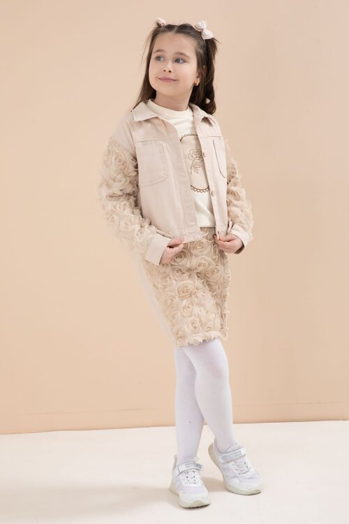 Bej Gül Detaylı Şort Etekli ve Ceketli Kız Çocuk 3lü Badili Takım 23611
