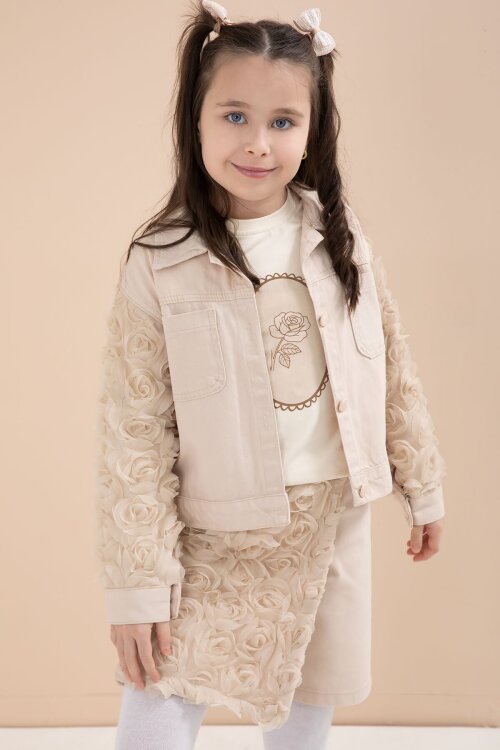 Bej Gül Detaylı Şort Etekli ve Ceketli Kız Çocuk 3lü Badili Takım 23611