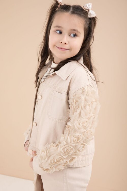 Bej Gül Detaylı Şort Etekli ve Ceketli Kız Çocuk 3lü Badili Takım 23611