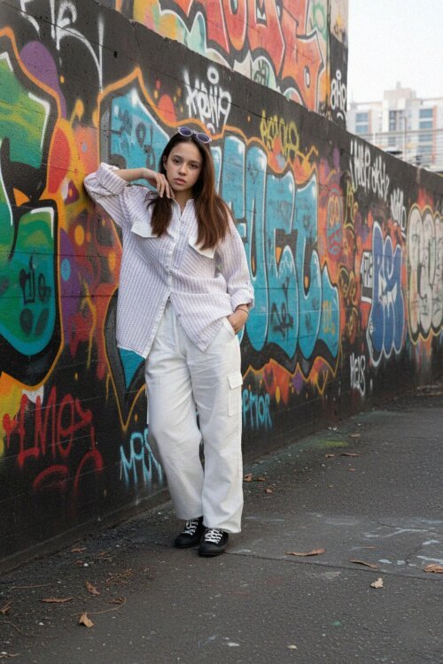 Bej  Kız Çocuk Çizgili Gömlekli Kargo Pantolonlu   2li Takım 23299