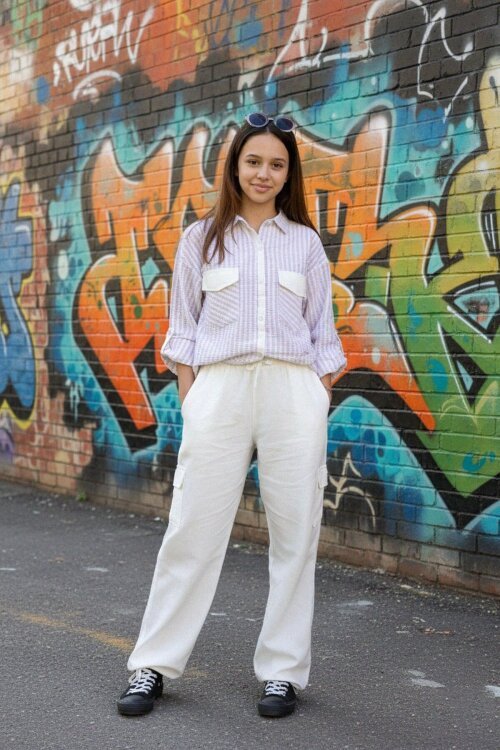 Bej  Kız Çocuk Çizgili Gömlekli Kargo Pantolonlu   2li Takım 23299