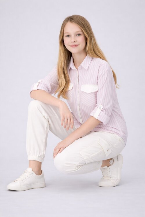 Bej  Kız Çocuk Çizgili Gömlekli Kargo Pantolonlu   2li Takım 23299