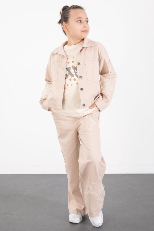 Bej Kolları Star Taşlı Jean Ceketli Kız Çocuk 3lü Alt Üst Takım 23427