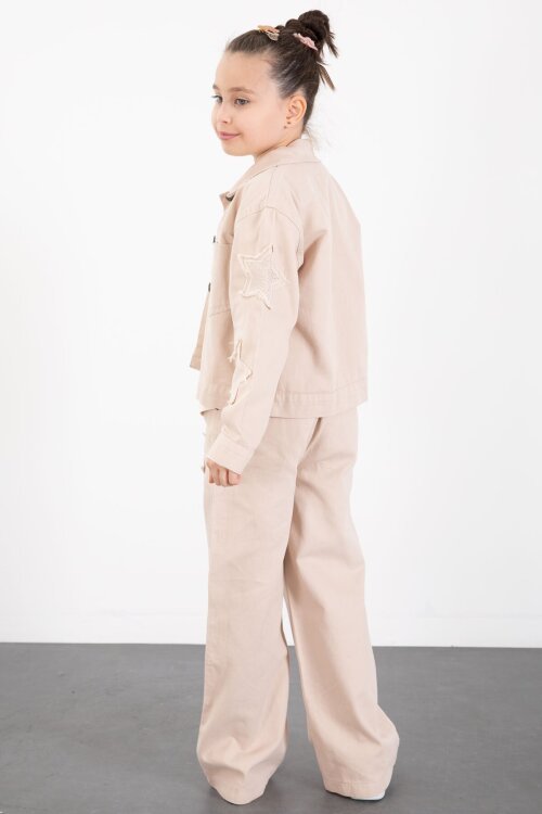 Bej Kolları Star Taşlı Jean Ceketli Kız Çocuk 3lü Alt Üst Takım 23427