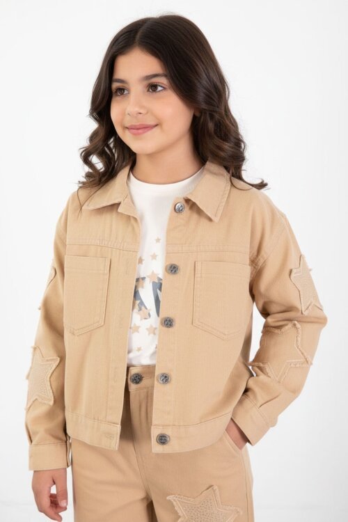Bej Kolları Star Taşlı Jean Ceketli Kız Çocuk 3lü Alt Üst Takım 23427