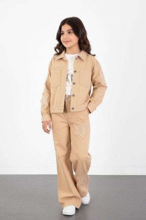 Bej Kolları Star Taşlı Jean Ceketli Kız Çocuk 3lü Alt Üst Takım 23427