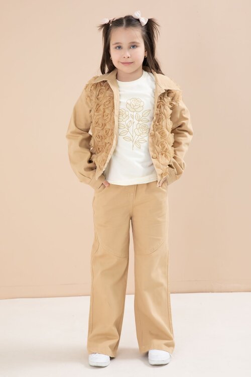 Bej Önü Gül İşlemeli Ceketli Kız Çocuk Pantolonlu 3lü Alt Üst Takım 23608