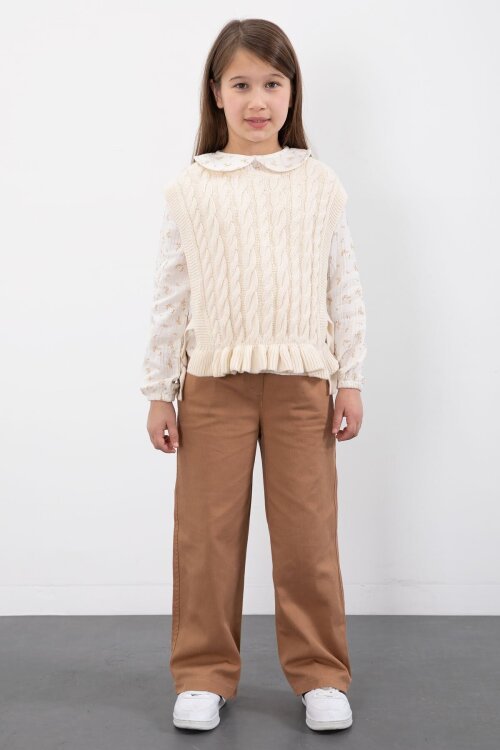 Bej Örgü Süveterli Desenli Müslin Gömlekli Kız Çocuk 3lü Takım 20680