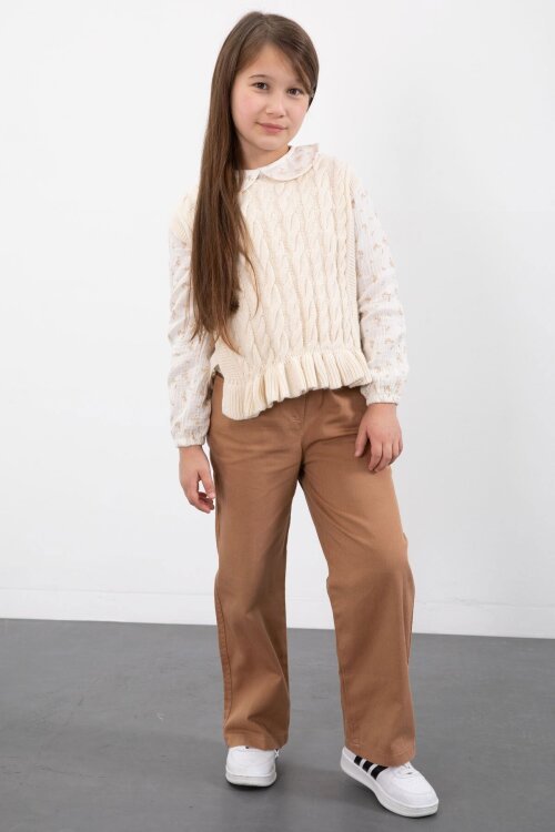 Bej Örgü Süveterli Desenli Müslin Gömlekli Kız Çocuk 3lü Takım 20680