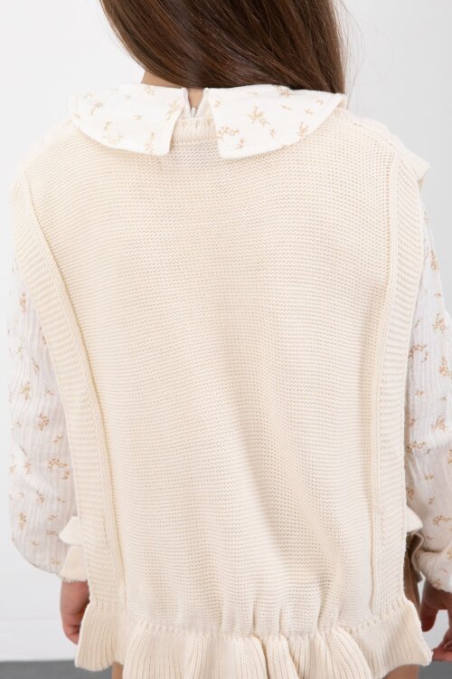 Bej Örgü Süveterli Desenli Müslin Gömlekli Kız Çocuk 3lü Takım 20680