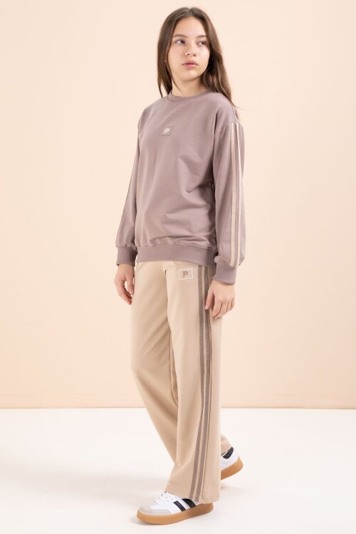 Bej Şerit Detaylı Geniş Paça Nakışlı Kız Oversize Eşofman Takımı 23456