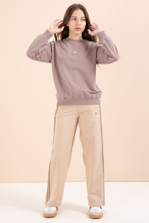 Bej Şerit Detaylı Geniş Paça Nakışlı Kız Oversize Eşofman Takımı 23456