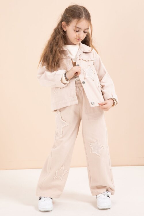 Bej Taşlı Yıldız Nakışlı Jean Ceketli 3lü Pantolonlu Kız Takım 23438