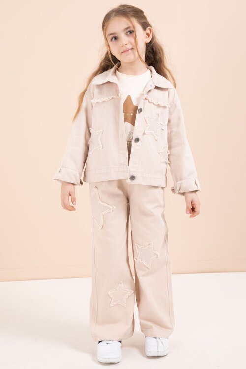 Bej Taşlı Yıldız Nakışlı Jean Ceketli 3lü Pantolonlu Kız Takım 23438
