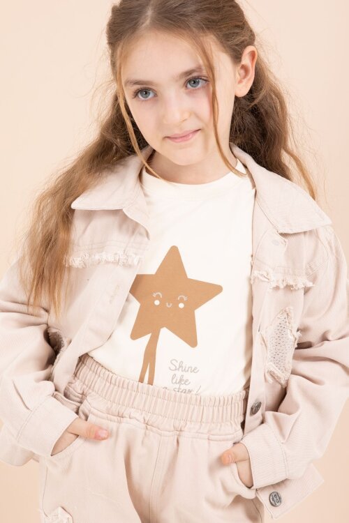 Bej Taşlı Yıldız Nakışlı Jean Ceketli 3lü Pantolonlu Kız Takım 23438