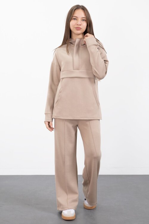 Bej Yarım Fermuarlı Kapüşonlu Kız Çocuk Geniş Paça Eşofman Takımı 23407