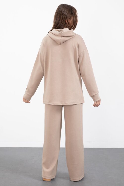 Bej Yarım Fermuarlı Kapüşonlu Kız Çocuk Geniş Paça Eşofman Takımı 23407