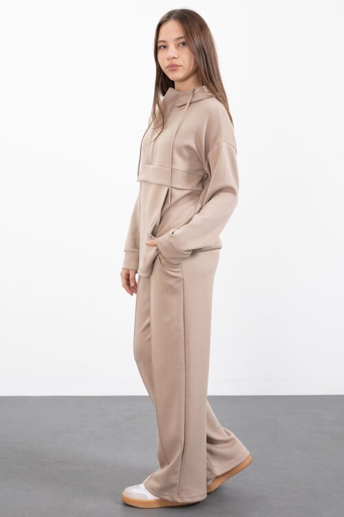 Bej Yarım Fermuarlı Kapüşonlu Kız Çocuk Geniş Paça Eşofman Takımı 23407