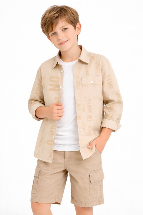 Bej Yazı Baskılı Gömlek Beyaz Tişörtlü Erkek Çocuk 2li Takım 20139