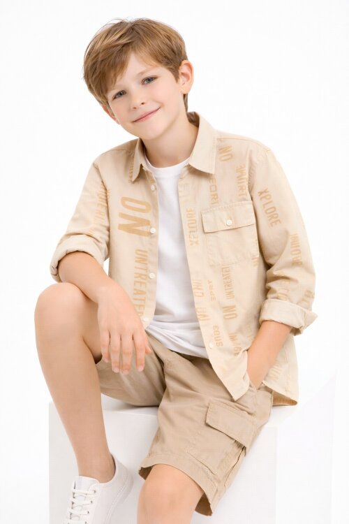 Bej Yazı Baskılı Gömlek Beyaz Tişörtlü Erkek Çocuk 2li Takım 20139